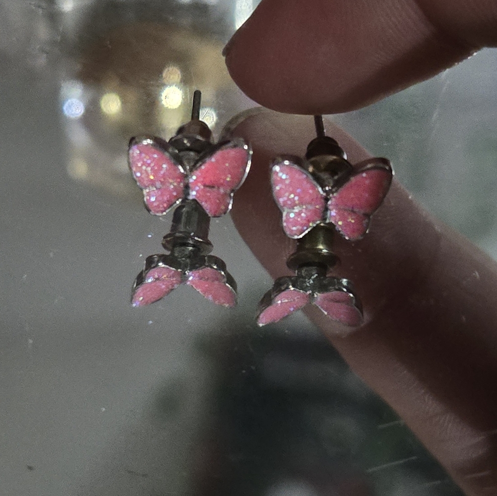 Pink sparkly butterfly earrings